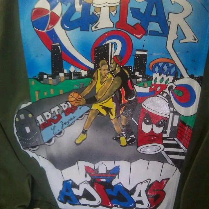 Custom hand painted Kobe Bryant x Lebron James Olive Guess denim jacket.