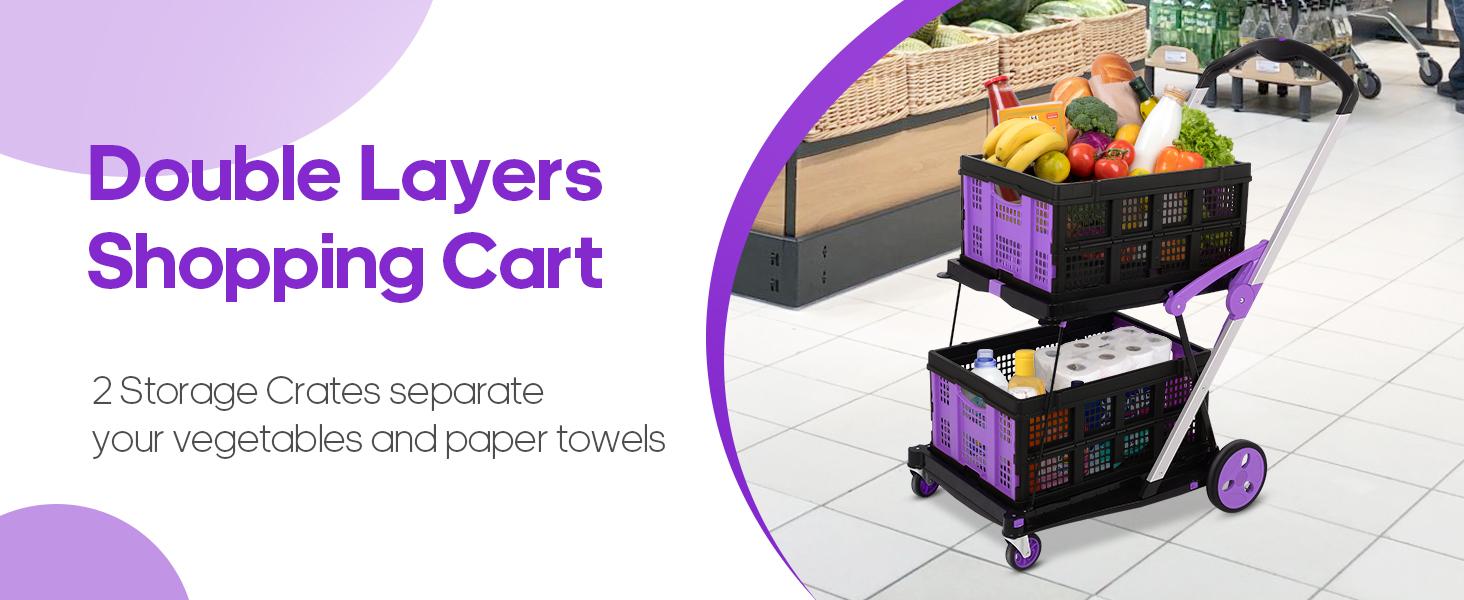 SCITOO Multi-Use Functional Collapsible Trolley with Transport Wheels, Removable Storage Crate - 2 Crates Included, Adjustable Lightweight Purple Cart for Home, Grocery - Convenience & Stockup Solution
