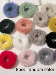 8pcs Random Color Donut Plush Hair Ties, Elastic Rubber Bands, Pompom Hair Bows, Ponytail Holder, Women and Girls Accessories
