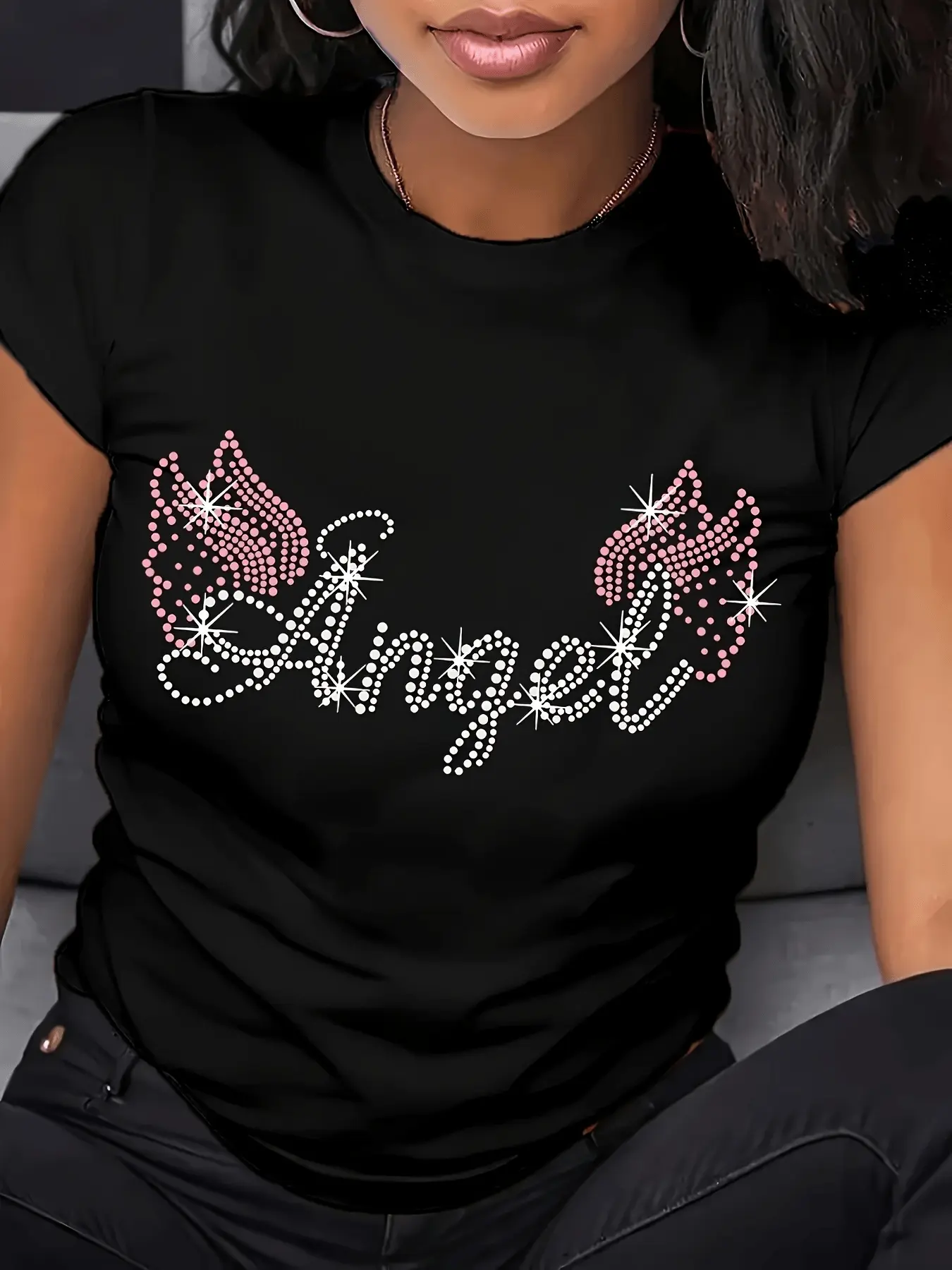 Sparkly Rhinestone Angel Graphic Tee for Women - T unisex soft cotton short sleeve t shirt, vintage graphic casual tee for men women teens, perfect birthday holiday gift for camping travel gym daily street  wear