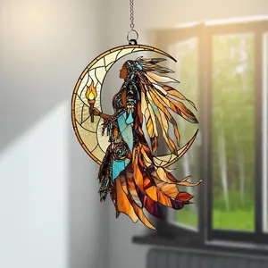 Native American Acrylic Suncatcher, Dreamcatcher Tribal Window Hanging, Cultural Heritage Décor