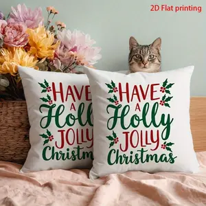 2pcs 2D Printed Pillow Cover, No Insert Large Square Christmas Pillow Cover - Elegant Holly Berry Print Cushion Cover with Red Green and White Zipper Decorative Pillowcase for Sofa Bed
