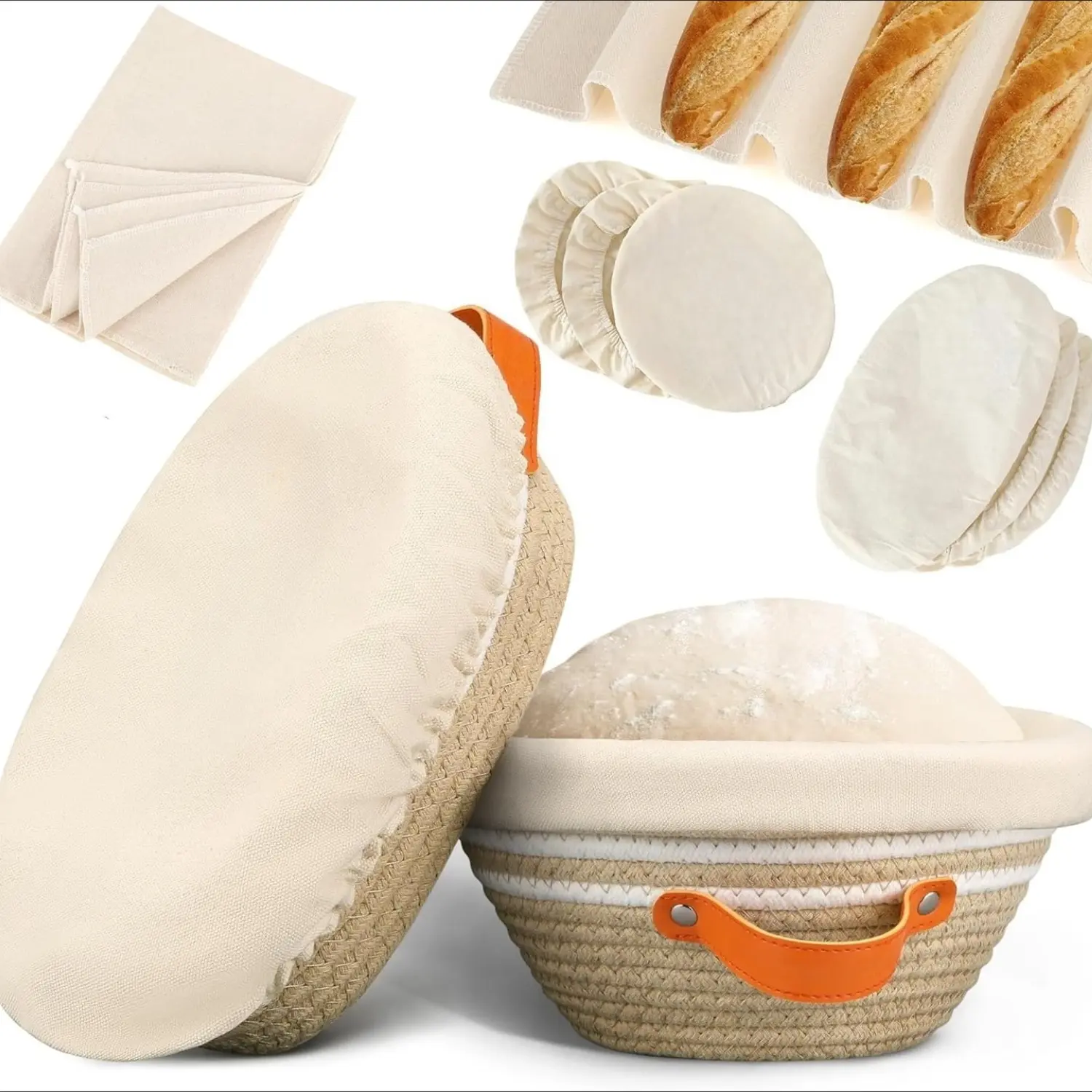 Banneton Bread Proofing Basket Set, 9 Inch Round & 10 Inch Oval Cotton Rope Proofing Bowls with Liners Covers & 14x19 Inch Thick Baguettes Cloth, Sourdough Dough Loaves Baking Supplies Gifts