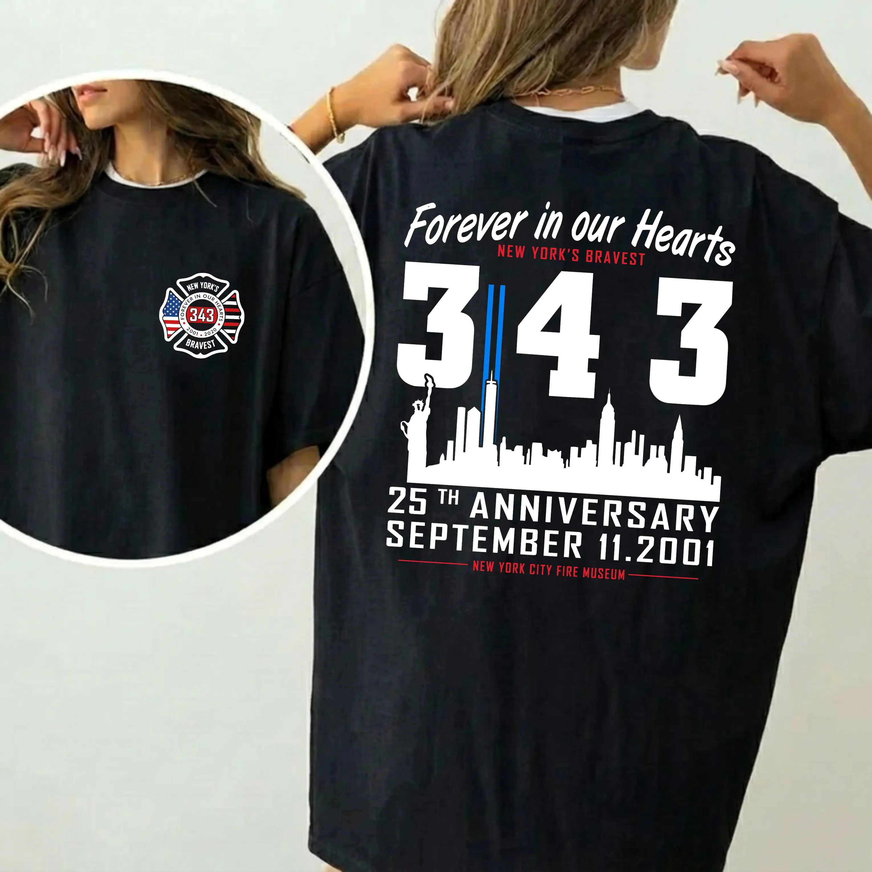 343 Heroes Memorial Graphic T-Shirt, New York Firefighter Tribute Tee, Patriotic Remembrance Shirt