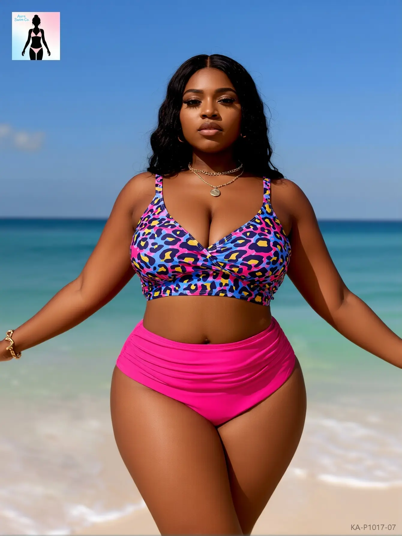 Women's Plus Size High-Waisted Leopard Print Bikini Set - Twist-Front, Side-Ruched, Tummy Control, Full Coverage, Stretch, Buttery Soft Crop Top Swimwear for Beach Resort, 2026 Resort-Ready Vacay, Hugs Curves