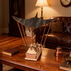 Electric Manta Ray Ornament Handmade Wooden Miniature Figurine Motorized Swimming Motion Retro Home Desktop Decoration【Need AA battery】