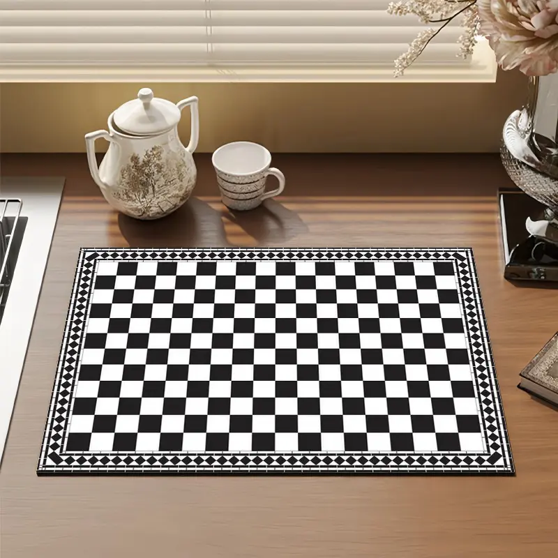 Plaid Rectangle Kitchen Dish Drying Mat - 3mm 50cm x 40cm Printed Black and White Checkered Fabric, Absorbent, Moisture-Proof, Dustproof Countertop Cover for Tableware