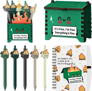 8 count Emotional Dumpster Fire Office  Set Wooden Pencil Holders A6 Journals Funny Dumpster Ballpoint Pens with Fire Sticky Notes for Coworker Employee Appreciation Office Business Favors