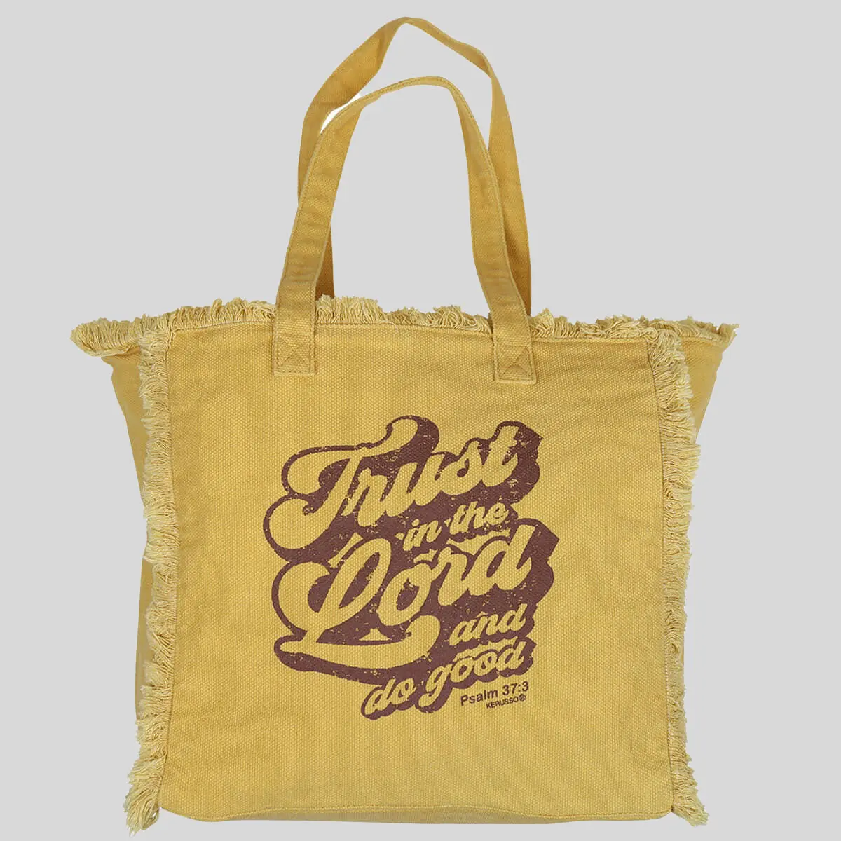 Women's Casual "Trust In The Lord" Slogan Tote Bag, Yellow Fringed Cotton Canvas Top Handle with Multi-Compartment Inner Pockets