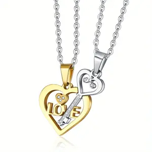 2pcs Heart-shaped and Key Combination Pendant Necklace, Inlaid with Synthetic Zircon, Made of Light Luxury Stainless Steel Material, with A Cool Design, Perfect As A Valentine's Day Gift for Girlfriends