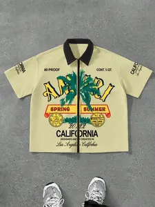 Men's Regular Fit Palm Tree Print Short Sleeve Shirt, Summer Casual Comfortable Top, Daily Wear, Tropical Style, Fitted, Letter Pattern, Short Length