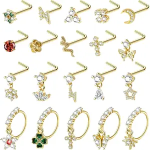 20Pcs 20G Dangle Nose Rings Gold Nose Studs L Shaped Gold Nose Hoop Hypoallergenic Stainless Steel Nose Piercings CZ Flower Moon Butterfly Star Leaf Dangling Nose Jewelry for Women