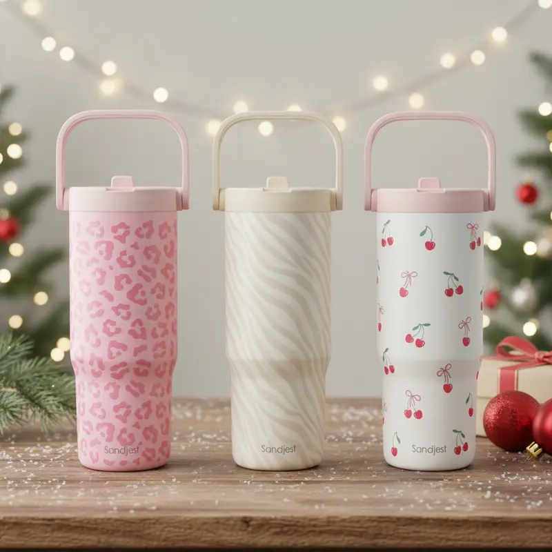 Sandjest 30oz Stainless Steel Straw Lid Tumbler with Carry Handle, Leak-proof Insulated Reusable Water Bottle Travel Mug, Ideal for Christmas Gift