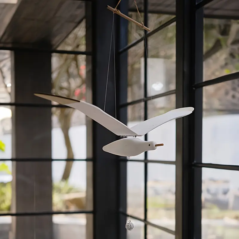 Vintage-Inspired Elegant Seagull Shape Hanging Sculpture - 1pc Home Decoration Ornaments with Wooden Base, Metal Rod Mount, Cordless for Mediterranean Style Homestays, Airplane Enthusiasts, All Seasons