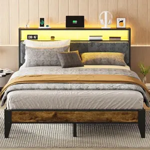 Bed Frame Metal Platform Bed Queen Size with 2-Tier Storage , Charging Station , No Box Spring Needed