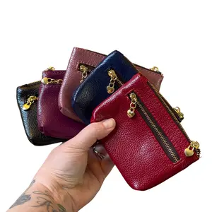 Gold Tone Women's Wallet - Black Purple Pink Blue Red PU Leather with Keychain & Convenient Zippered Closure for Daily Essentials 9x12.5cm