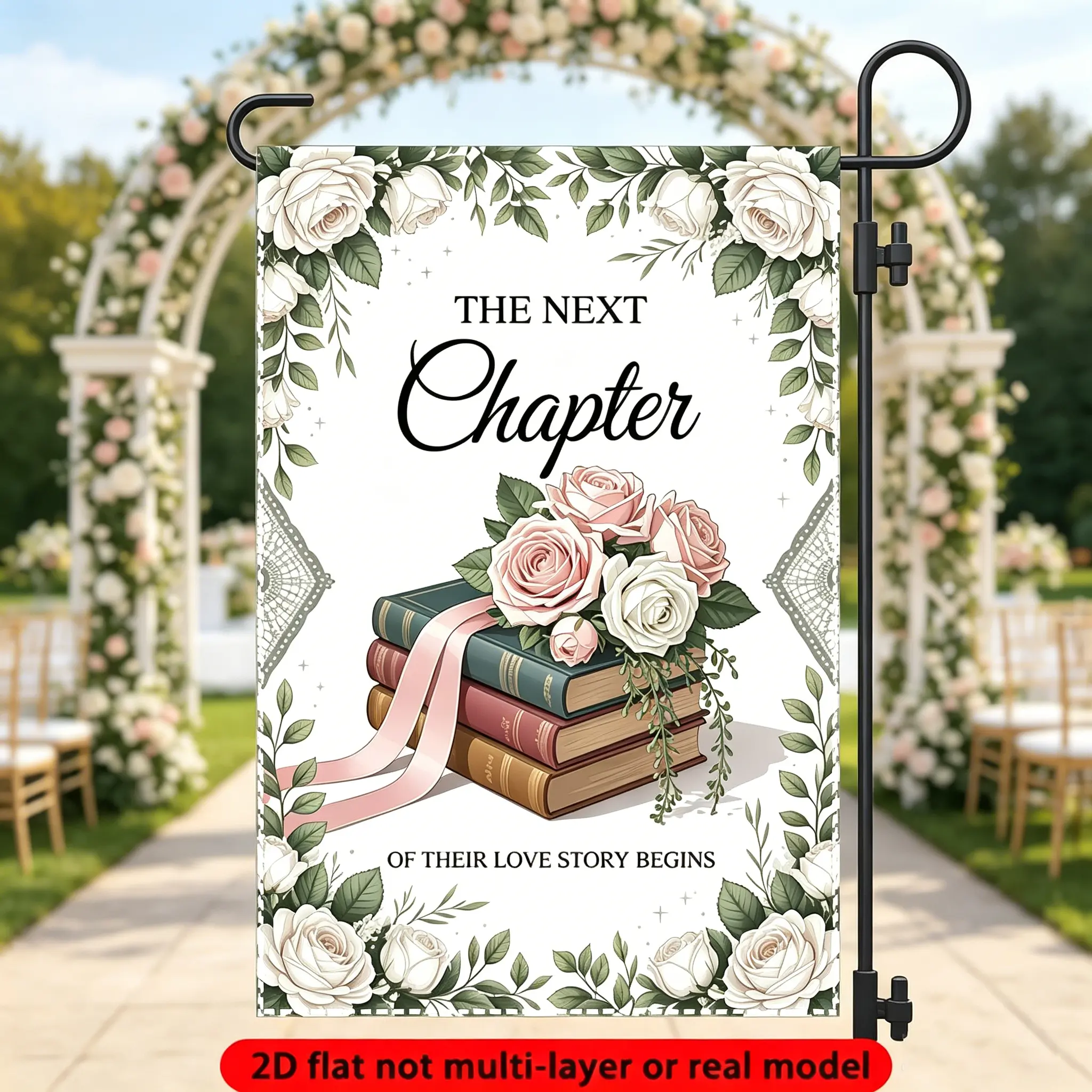 The Next Chapter Wedding Garden Flag - Vintage Book & Rose Yard Sign for Romantic Wedding Ceremony Decor
