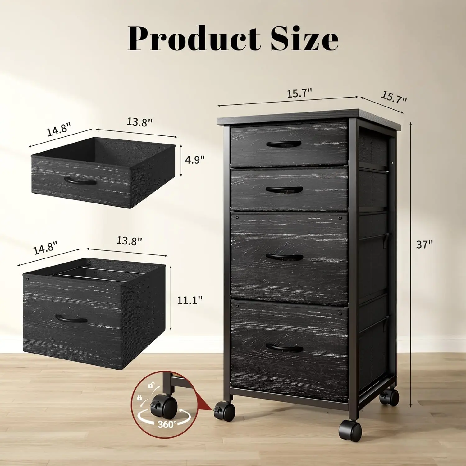 Black-4 Drawer(with Wheel）