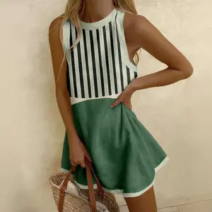 Sleeveless A-Line Mini Dress Pinstripe and Color-Block Design for Women Daily Outfit