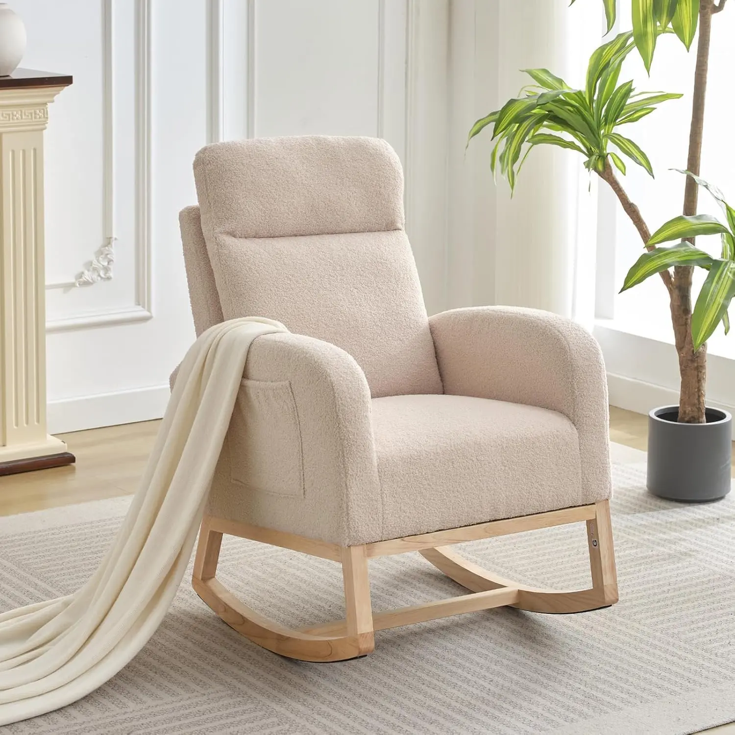 【GARVEE】Poltrona a dondolo, moderna sedia a dondolo con tasca laterale, seduta imbottita con schienale alto, poltrona supplementare per soggiorno, camera dei bambini, camera da letto