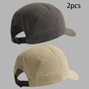 2pcs Set Men'S Retro Short Brim Baseball Cap, Adjustable Unisex Summer Outdoor Sports Breathable Quick-Dry Hat, Thin Short Brim Cap