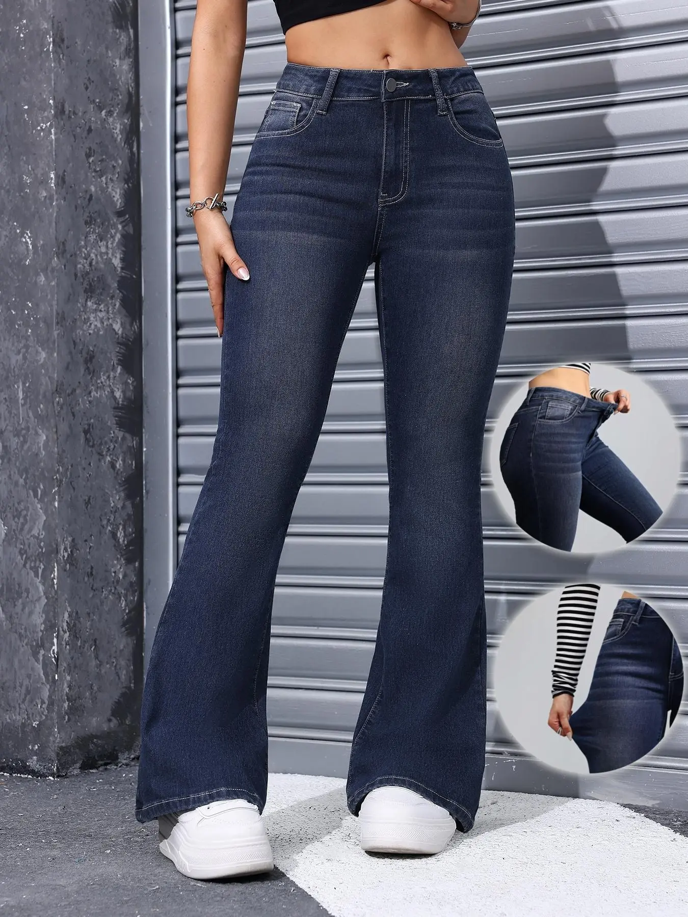 High Waist Flare Leg Denim Jeans, Deep Blue Skinny Fit Ripped Stretchy Pants, Women's Casual Fashion Bottoms for All Seasons, Button, Flared, Womenswear, Fabric, Trouser, High Waisted Jean