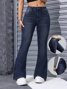 High Waist Flare Leg Denim Jeans, Deep Blue Skinny Fit Ripped Stretchy Pants, Women's Casual Fashion Bottoms for All Seasons, Button