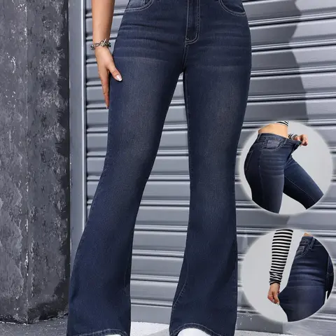 Women's Plain Dark Wash Flare Leg Stretchy Jeans, Casual Fashion Jeans, Casual Streetwear Button Fly Pocket Design Denim Trousers Pants for Daily Wear, Ladies Bottoms for All Seasons, Womenswear