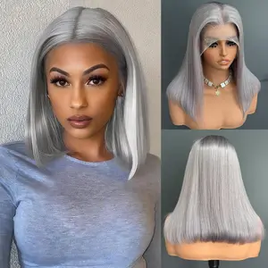 13x4 Grey Bob Lace Frontal Wig Human Hair Short Straight Transparent Lace Front Wig Brazilian Virgin Human Hair Pre Plucked Hairline Short Colored Gray Bob Wigs for Women 12 Inch