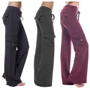 Women's Bootcut Cargo Yoga Pants - Stretchy Drawstring Waist, Wide Leg & Multiple Pockets