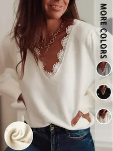 Elegant Women's Knit Sweater Top, V Neck Pullover with Lace Trim, Casual Fitted Style, Perfect for Fall & Winter Seasons, Elegant Classy Tops