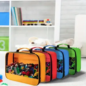 4 Pack Toy Storage Bags, Clear Toy Organizer Bags, Toy Bag with Visible Top& Handle, Portable Travel Case for Building Blocks, Toys, Puzzles, Dolls, Crafts, Magnetic Tiles