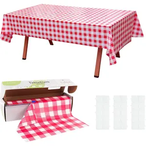 54 in X 32.8 Ft Plastic Table Cover Roll, Disposable Red and White Checkered Tablecloth with Convenient Slide  Box, Red Gingham Tablecloth for BBQ,Party,Birthday,Wedding, with Stickers