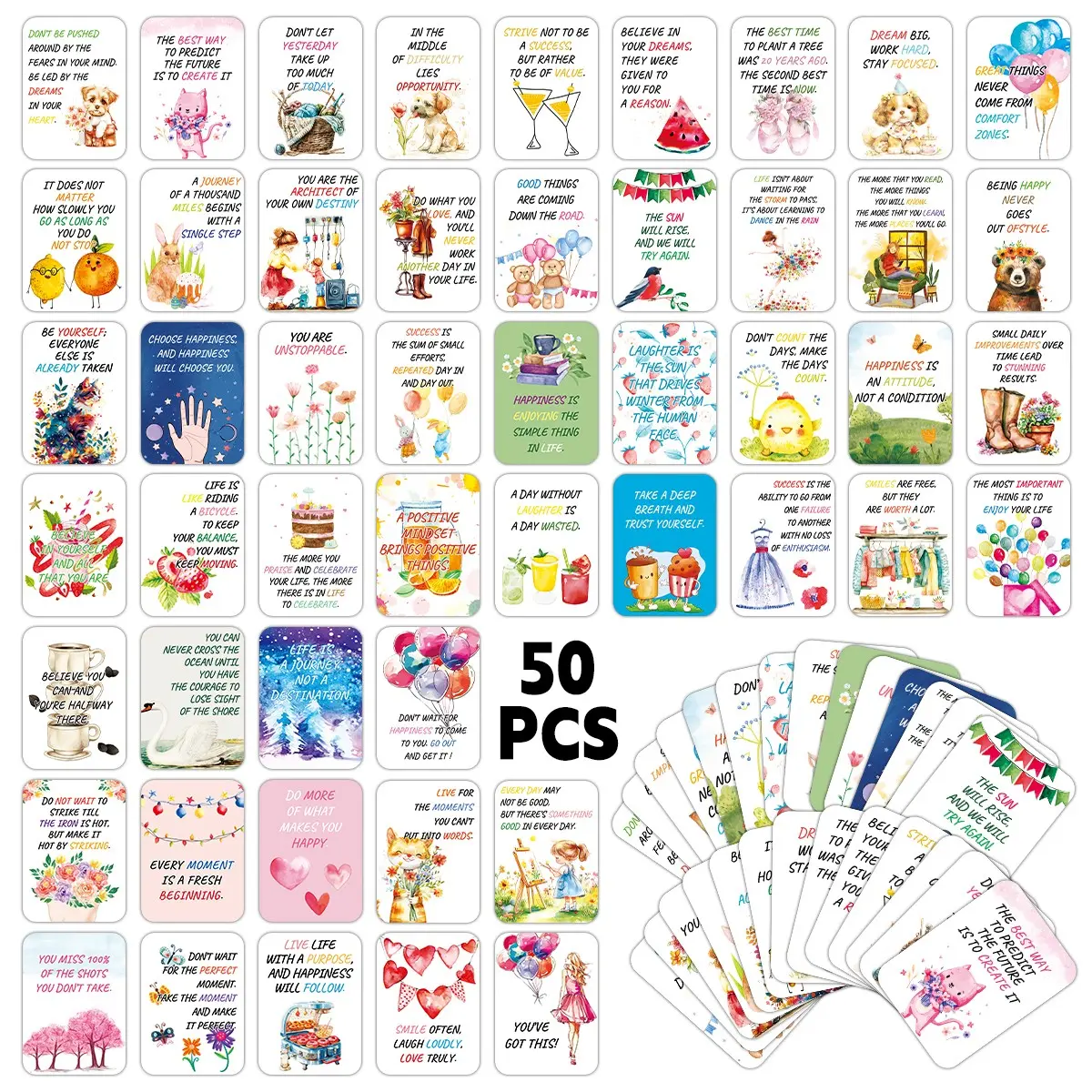 50 Motivational Quote Cards, Positive Message Card, for Stress Relief, Relaxation, Positive Affirmation Positive Thinking Cards for Mindfulness Meditation, Encouragement Cards for Men and Women, Versatile, Horizontal Cards