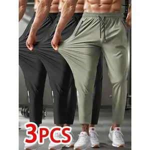 3pcs Men's Stretchy Drawstring Joggers - Casual Athletic Pants with Zippered Pockets, Nylon Blend, Solid Color