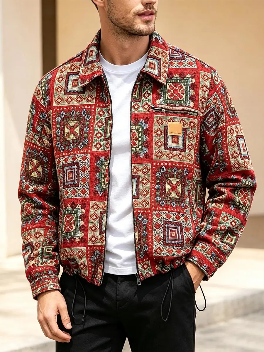 Men's Boho Geometric Pattern Tapestry Jacket - Full-Zip Closure, Lapel Collar, 1 Zipper Chest Pocket, Adjustable Drawstring Hem - Lightweight Stylish Outerwear for City Walks, Fall-Spring