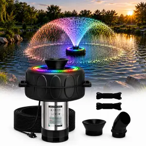 15000 GPH Dual Function Pond Fountain Aerator with Efficient Pump - 110V 750W (1HP) Fully Automatic Floating Pump, 100-ft Cord, 33-ft Guide Ropes, High-Quality PVC Float, Interchangeable Nozzles, Updated RGB Light Strip for Garden Ponds/Lakes (Silver)