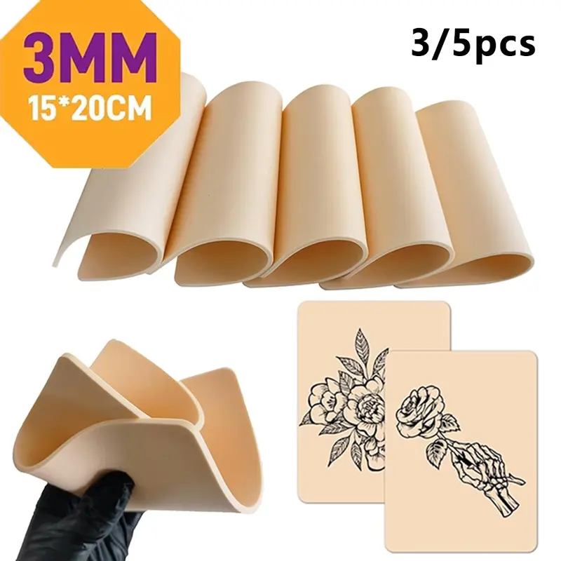 3/5pcs Tattoo Practice Skin Sheets, 3mm Thickness Dual-Sided Silicone Micro Blade, 8x6 Inch, Suitable for Beginners & Professionals, Tattoo Equipment Supply, Tattoo Supplies