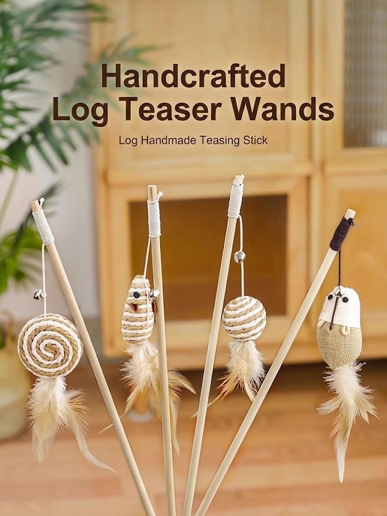 Handcrafted Natural Wood Cat Teaser Wand Toy with Durable Jute Rope Mouse, Real Feathers and Jingle Bell - Interactive Log Teasing Stick for Indoor Cats, Kittens, Exercise and Hunting Play