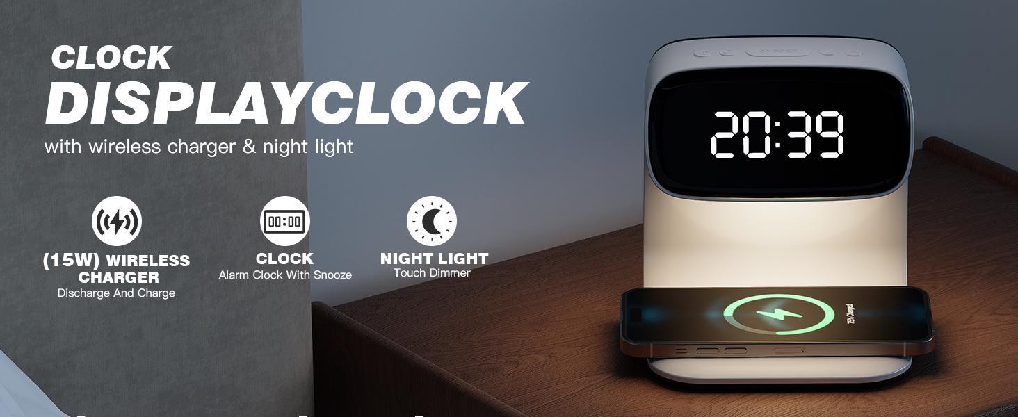 Digital alarm clock with wireless fast charging station, bedside touch smart light, 3-color night light adjustment