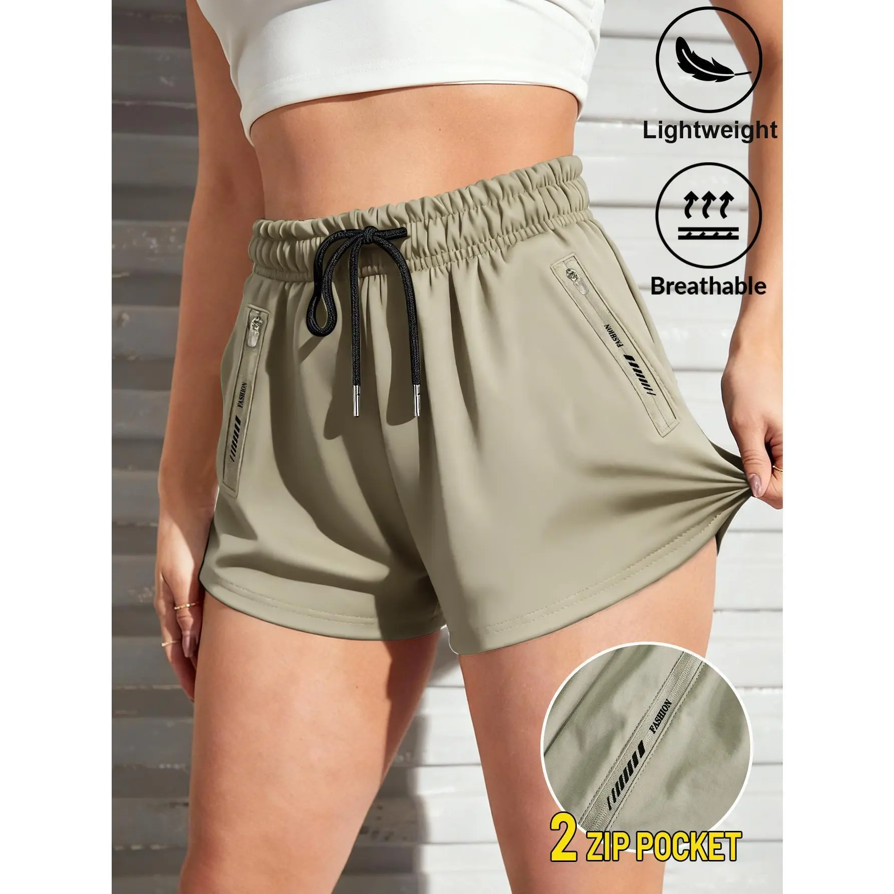 Women's High Waist Stretch 3/4 Capri Shorts Lightweight Breathable With Zipper Pockets Casual Athletic Workout Daily Lounge Wear