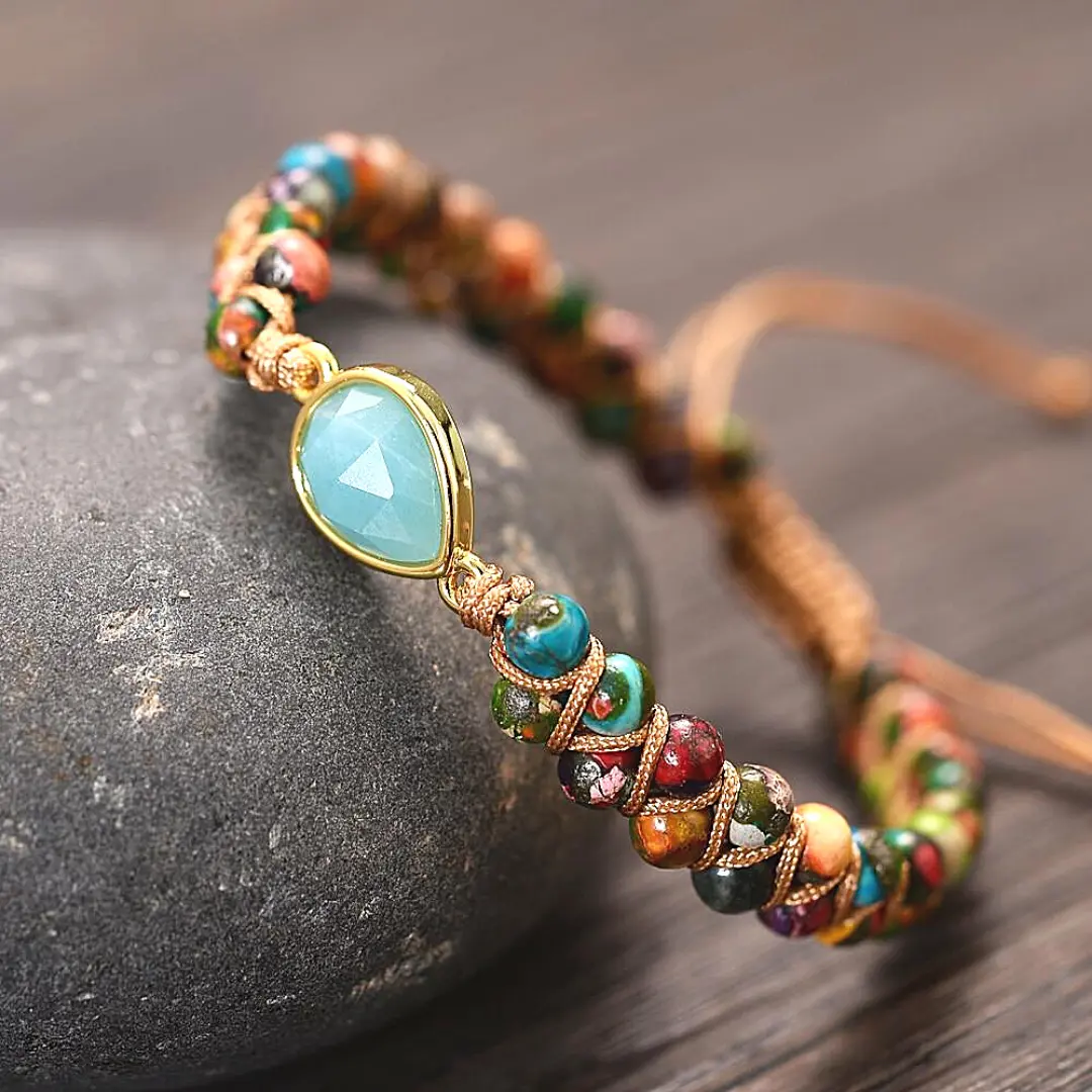 Women's Semiprecious Stone Jewelry Bracelet - Natural Amazonite Waterdrop Charms, Yoga Quartz Beaded Bracelets, Knotted Braided Friendship Accessory, Jewelry Bracelets