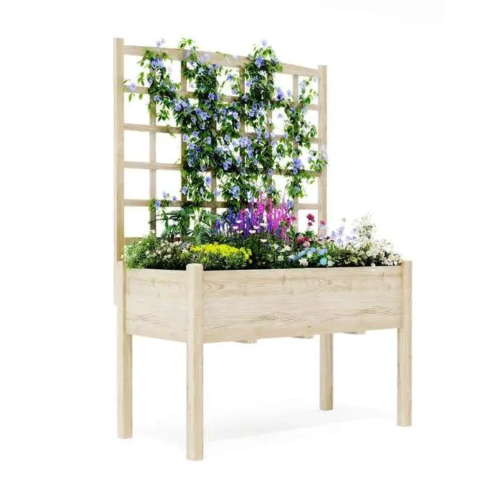 65" Cedar Wood Raised Garden Bed with Integrated Trellis, Legs, Liner and Drainage Holes - Breathable Planter for Outdoor Food Growing & Home Improvement