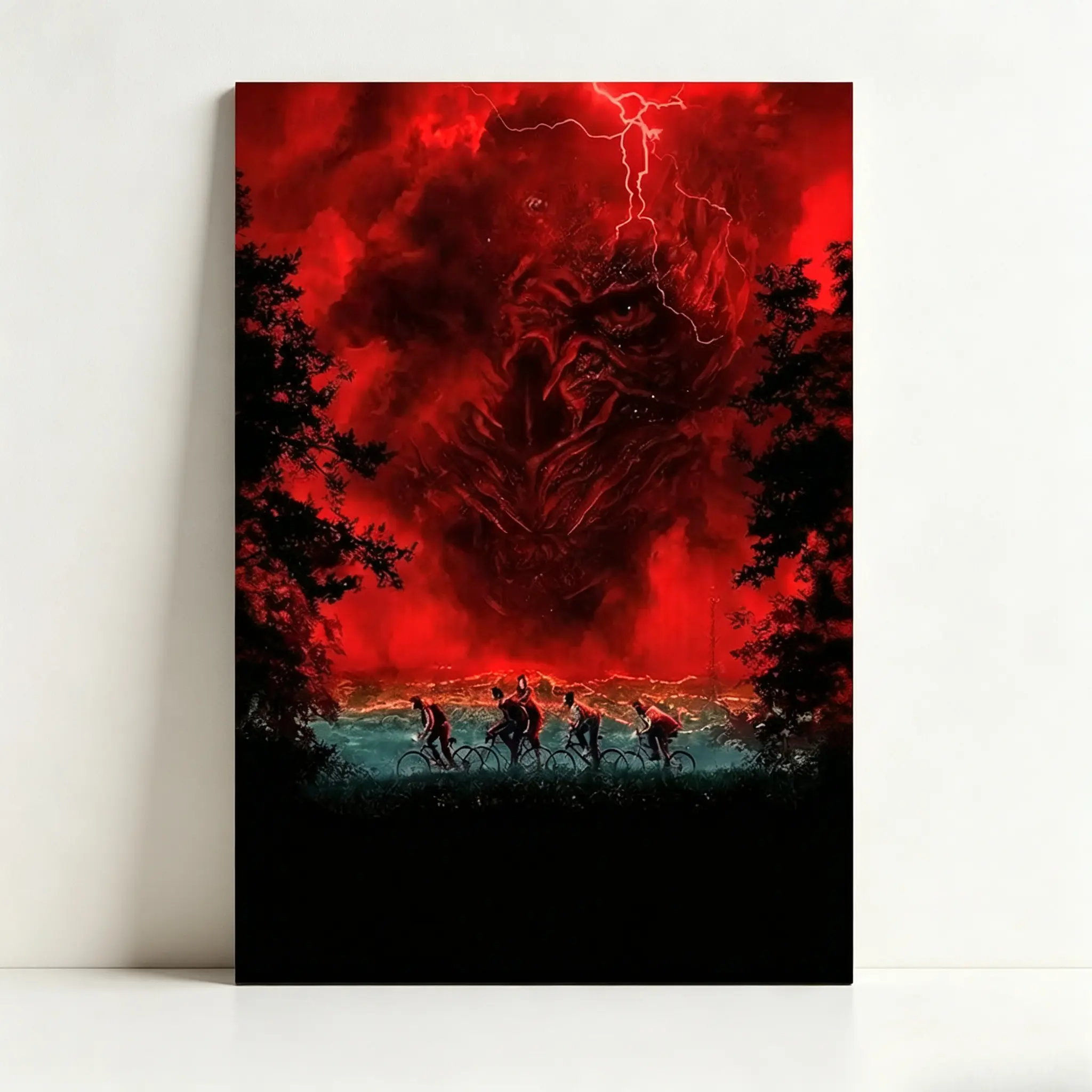 Stranger Things Unframed Canvas Print - Horror Fantasy Illustration, Demogorgon in Red Smoky Upside Down Sky, 4 Kids Riding Bikes, Thunder Lightning Dark Forest, Gothic Wall Decor for Bedroom, Living Room