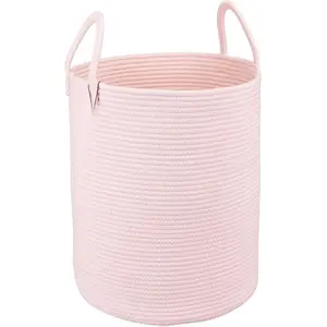 Elegant Light Pink Cotton Rope Laundry Hamper: Extra-Large Woven Storage Basket for Girls' Bedrooms, Nurseries, or Stylish Living Room Organization with a Boho Aesthetic