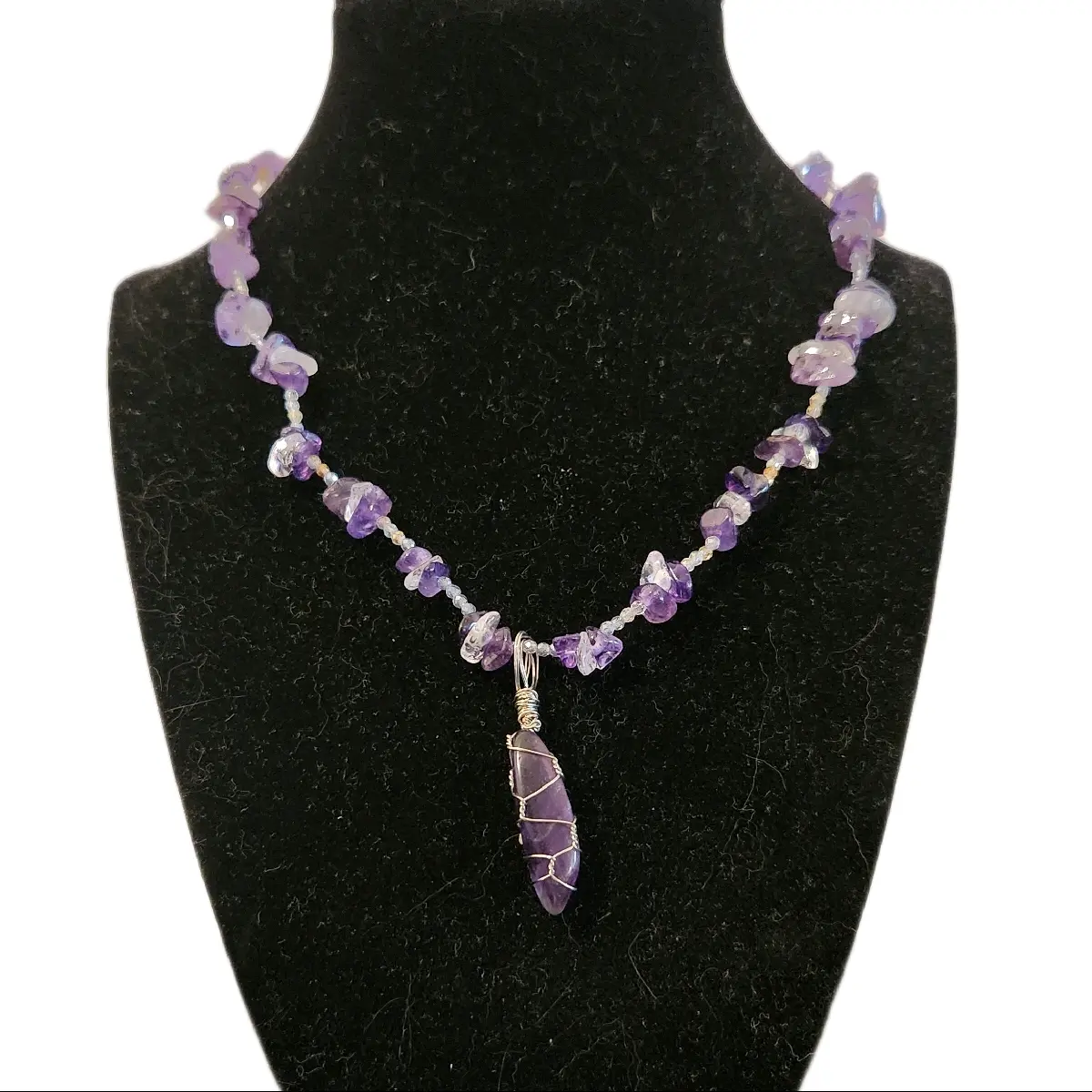 Beautiful Crystal Necklace made from dyed Amythest and Clear Quartz with crystal seed beads and a homemade Natural Amythest Pendant