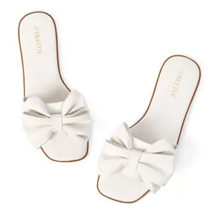 Women's Bowknot Slip-On Flat Sandals - Cute Trendy Square Toe Spring & Summer Slides for Women, Lightweight Soft Sole Comfy Barefoot Shoes for Beach, Vacation, Daily Wear, White Dress Bridal Sandals for Wedding Party & Outdoor 2026