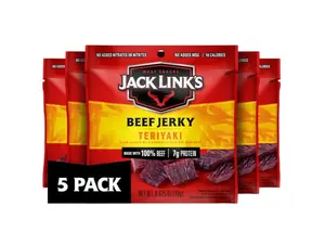 Jack Link's Beef Jerky, Teriyaki, Multipack Bags - Flavorful Meat Snacks for Lunches, Ready to Eat Protein Snacks, Individual Packs - 7g of Protein, Made with 100% Beef - 0.625 oz (Pack of 5)