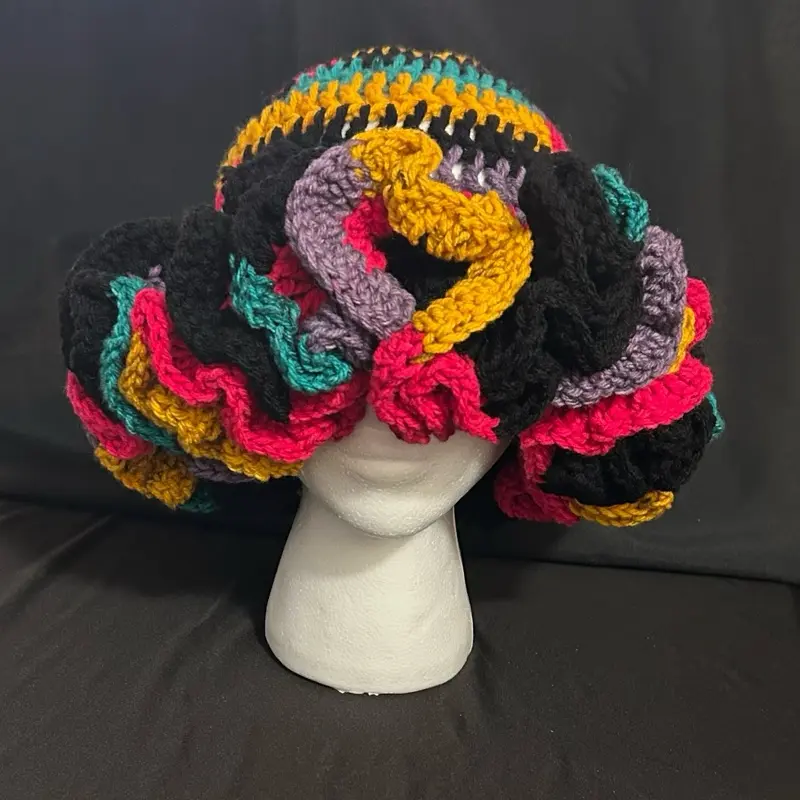 Multicolor Ruffle Hat - Crocheted Design in Pink Purple Mustard Teal and Black Acrylic One Size Fits Most Beanie