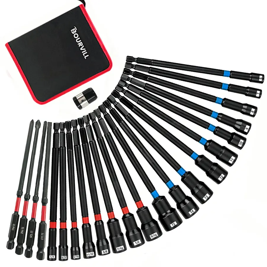 23PCS Magnetic Nut Driver Set, 6” Long Nut Drivers for Impact Drill, SAE & Metric 1/4” Hex Shank Nut Driver Bit & Impact Drill Driver Bit w/Power Screwdriver Bits PH1/PH2/SQ2/T20, Storage Bag